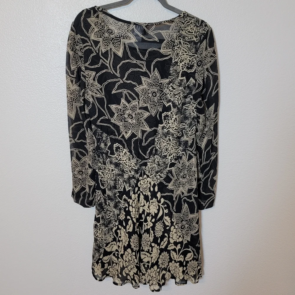 Carole Little VTG Black/Cream Floral Long Sleeve Dress Sz 4